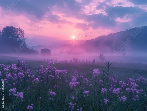A peaceful sunrise over a foggy meadow  with the sky transitioning from dark blue to soft pastel colors. The fog adds a mystical quality to the scene  enhancing the tranquil and serene atmosphere. 