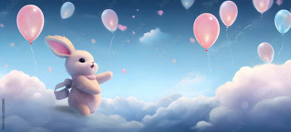 Illustrate the baby rabbit floating with balloons as the sun rises, casting a warm and golden glow on the scene with the stars fading into daylight Illustrate the baby rabbit floating with balloons as the sun rises, casting a warm and golden glow on the scene with the stars fading into daylight