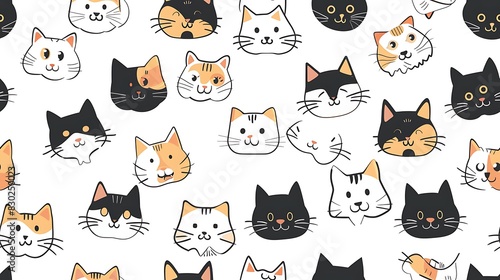 Wallpaper Mural A seamless pattern of various cute cartoon cat faces on a white background suitable for children's fabric or wallpaper designs.  Torontodigital.ca