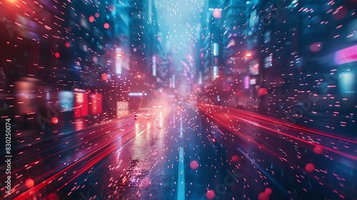 Dynamic cityscape with illuminated streets and vibrant light trails in a futuristic urban setting. 