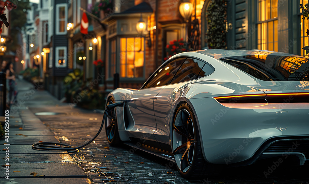 A white car is parked on a street with a red and white flag in the background. The car is charging and the street is lit up with lights A white car is parked on a street with a red and white flag in the background. The car is charging and the street is lit up with lights