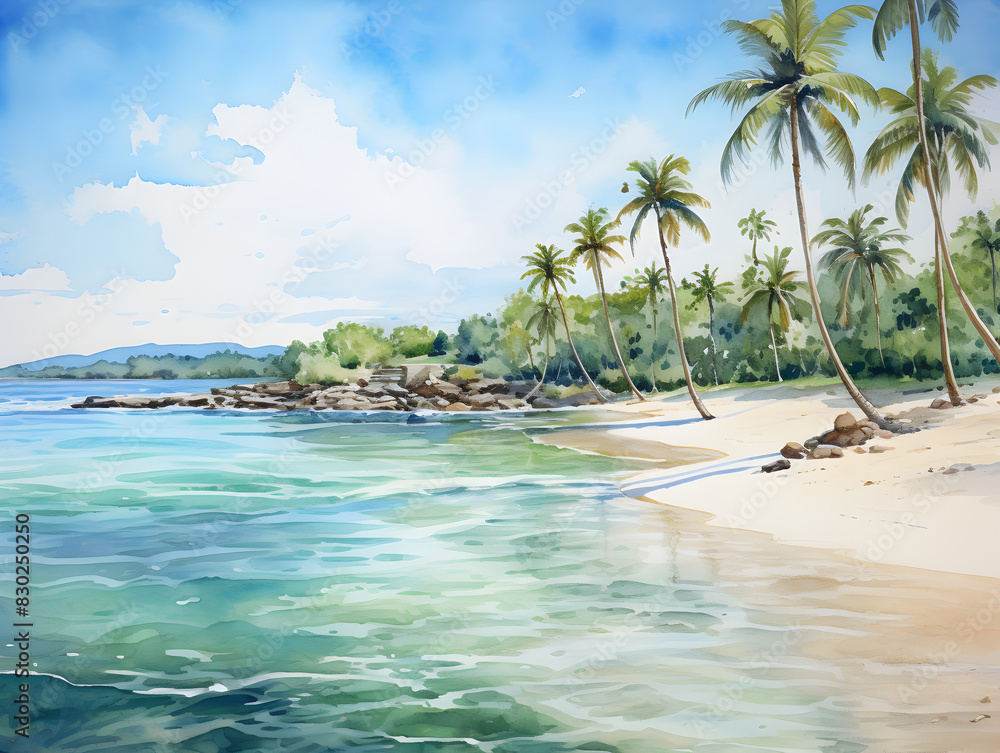 Obraz premium Illustration of ranquil beach scenes with white sand, clear blue water and palm trees