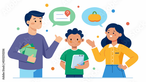 A student confidently explains their understanding of a difficult concept in front of their parents using visuals and reallife examples.. Vector illustration