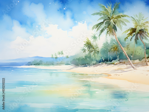 Illustration of ranquil beach scenes with white sand  clear blue water and palm trees