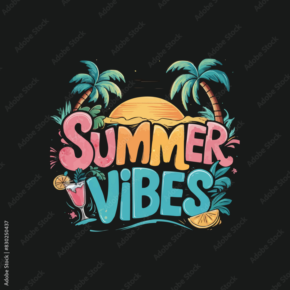Fototapeta premium A whimsical summer vibes with typography tropical motifs against a dark background vector illustration
