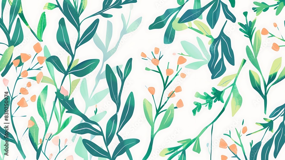 A seamless botanical pattern with stylized green leaves and orange flowers on a light background suitable for fabric or wallpaper designs. A seamless botanical pattern with stylized green leaves and orange flowers on a light background suitable for fabric or wallpaper designs.
