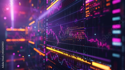 Close-up view of vibrant stock market trading graphs and financial data visualization on screens with a futuristic feel. 