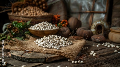 Carioca beans displayed on a chopping board with a jute cloth into place