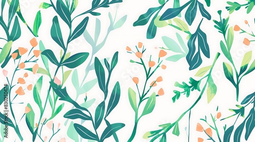 A seamless botanical pattern with stylized green leaves and orange flowers on a light background suitable for fabric or wallpaper designs. 
