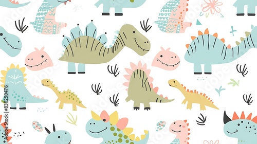 Fototapeta Naklejka Na Ścianę i Meble -  A colorful collection of playful cartoon dinosaurs and plant illustrations on a white background, suitable for children's designs. 