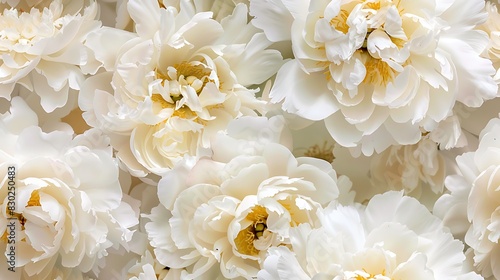 Fototapeta Naklejka Na Ścianę i Meble -  A close-up image of a cluster of delicate white peonies with golden yellow centers perfect for a floral background. 
