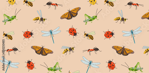 Garden insects seamless pattern. Illustration of dragonfly, ant, butterfly, ladybug, bee, grasshopper, worm, and wasp on a beige background.