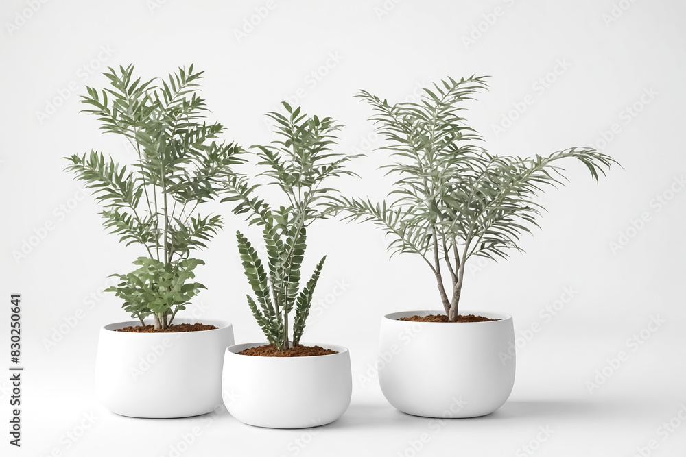 Fototapeta premium Three Potted Plants on a White Background
