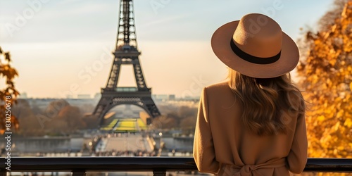 Woman in stylish attire gazing at Eiffel Tower in Paris. Concept Fashion, Travel, Paris, Eiffel Tower, Stylish Attire