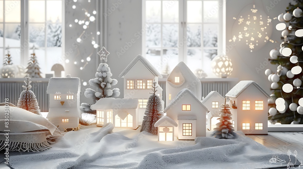 A charming winter holiday scene with illuminated miniature houses and festive decorations on a snowy backdrop, symbolizing cozy Christmas village allure
