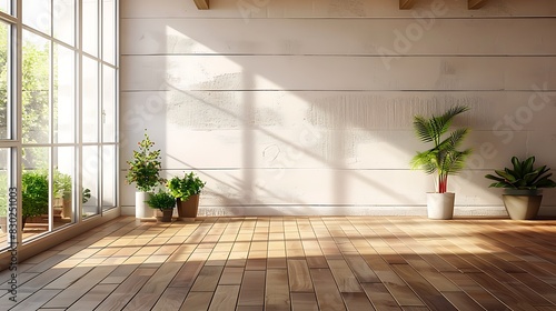 Sunlight streams through large windows onto a spacious  empty room with wooden flooring and potted plants  creating a serene and inviting atmosphere. 
