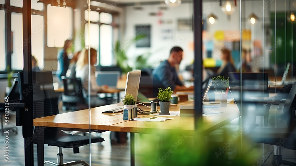 Modern office space with employees working at desks through transparent glass partitions, reflecting a collaborative and busy environment. Modern office space with employees working at desks through transparent glass partitions, reflecting a collaborative and busy environment.