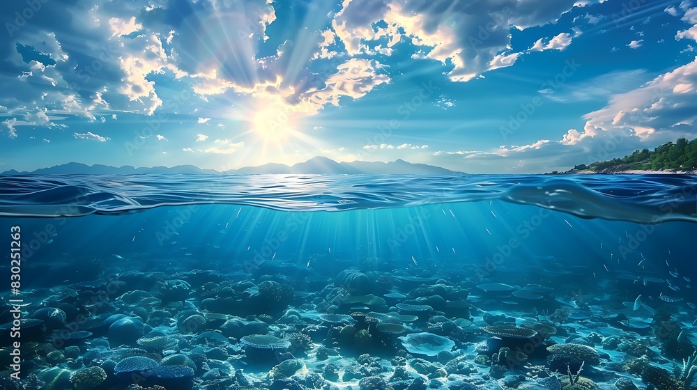 A tranquil underwater seascape with a vibrant coral reef under a sunlit sky. 