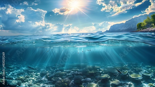 Underwater view of a vibrant coral reef with sunbeams shining through the ocean surface and a clear blue sky above. 