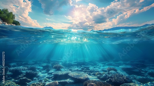 A serene underwater landscape with sunlight piercing through crystal clear water above a coral reef, showcasing the beauty of the ocean's depths.  photo