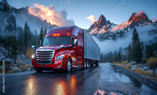 A red semi truck is driving down a road in front of a mountain range. The truck is surrounded by fog and the mountains are covered in snow.