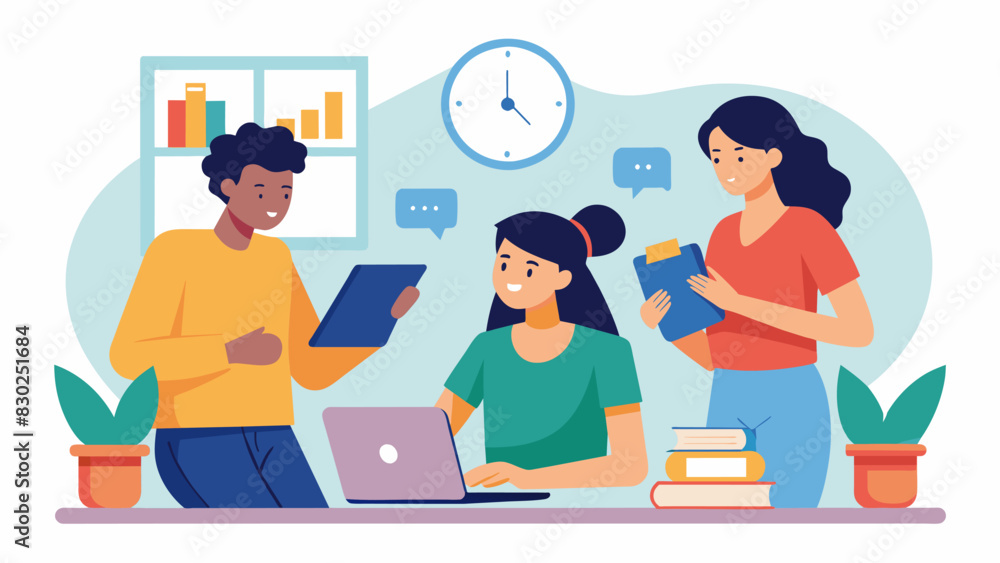 During a workshop on time management students are seen diligently taking notes and discussing strategies to balance academics and extracurricular activities.. Vector illustration