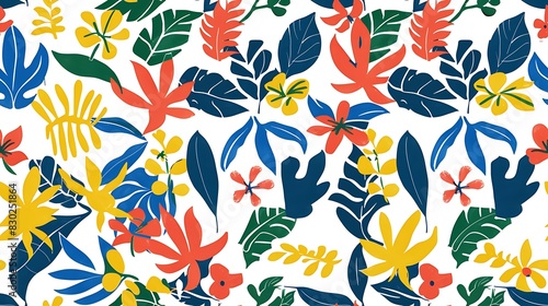 A vibrant pattern of tropical leaves and flowers in bold colors on a white background, perfect for a summery design theme. 