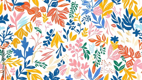 A colorful floral pattern with a variety of abstract leaves and flowers on a white background  perfect for spring and summer designs.