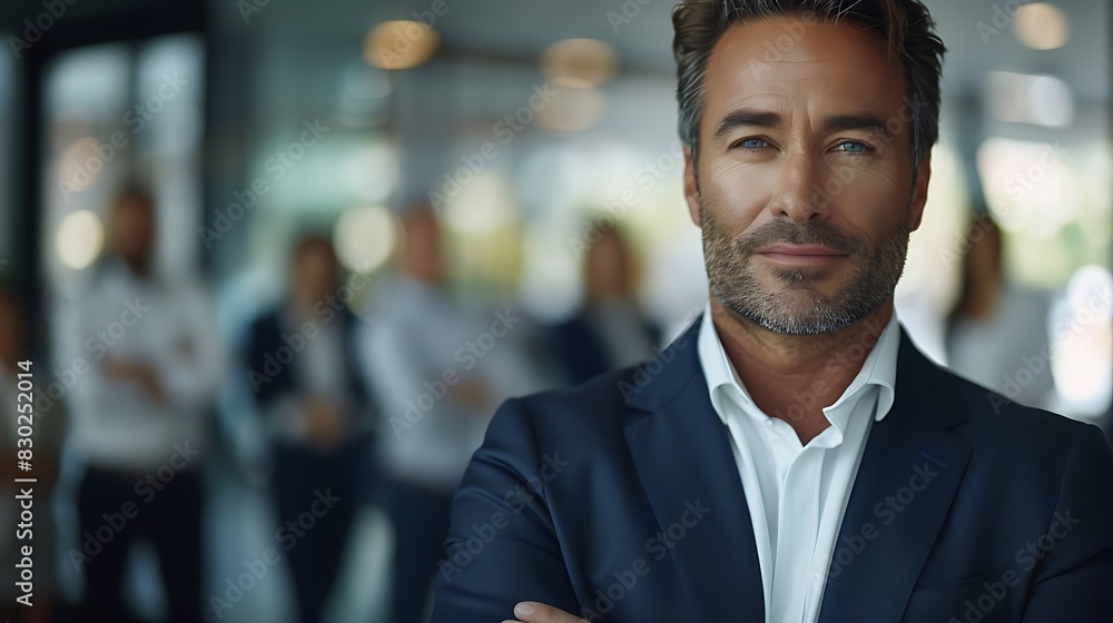 Confident businessman with colleagues in the background poses in a professional setting. Confident businessman with colleagues in the background poses in a professional setting.