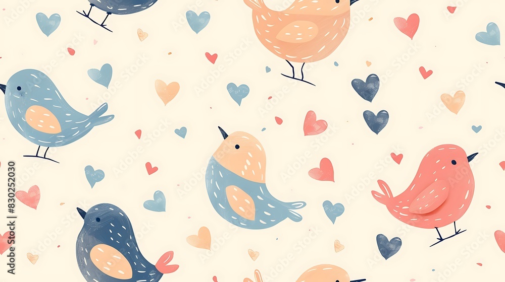 A seamless pattern of colorful, cute cartoon birds and hearts on a neutral background perfect for fabric designs or whimsical stationery. A seamless pattern of colorful, cute cartoon birds and hearts on a neutral background perfect for fabric designs or whimsical stationery.