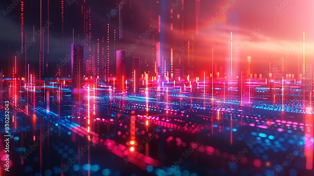 Abstract digital cityscape with glowing neon lights and futuristic skyline under a twilight sky.