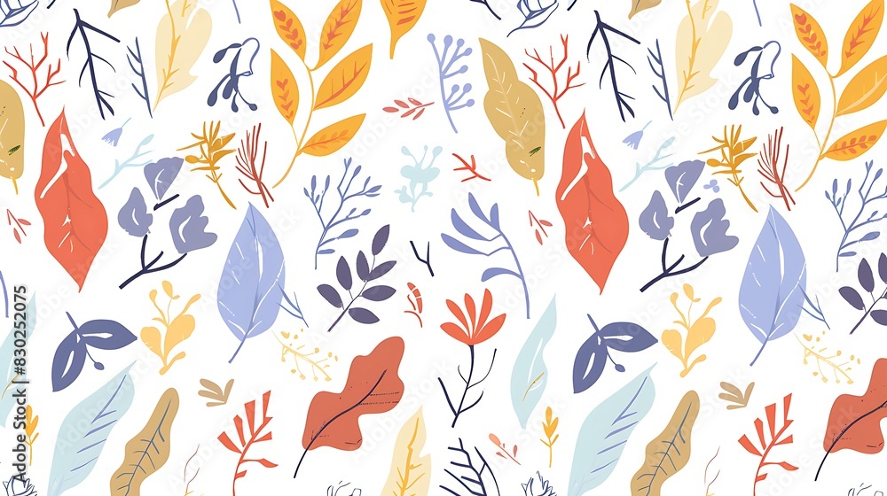 A colorful and seamless pattern of assorted leaves and plant elements in a whimsical style, ideal for fabric and wallpaper designs