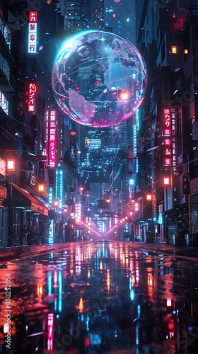 Futuristic cityscape with cyberpunk aesthetics and a holographic planet hovering above a neon-lit wet street at night. 