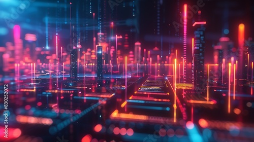 Futuristic digital cityscape with glowing neon lights and cybernetic structures representing a virtual metropolis. 