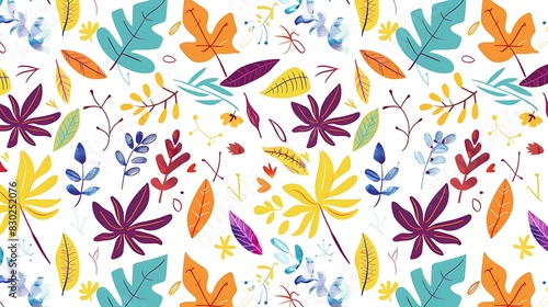 A colorful seamless pattern of assorted leaves and foliage in a vibrant and playful arrangement for various creative uses. 