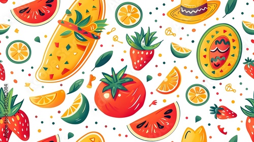 A vibrant and colorful pattern featuring illustrated fruits, vegetables, and a sombrero, perfect for festive designs and summer themes. 