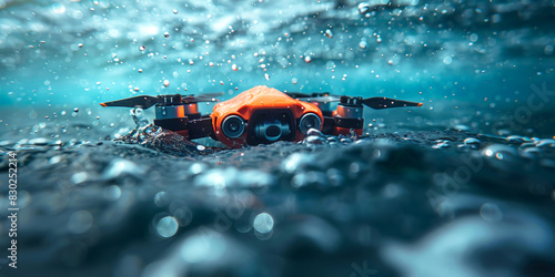 Close-up of an orange underwater drone submerged in water with bubbles around it. World Ocean Day. photo