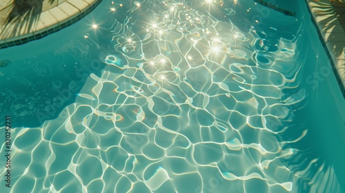  A crystal-clear blue swimming pool features a solitary palm tree in its center Tiles line the pool s floor and cover the raised ground area for the pool  while overhead  another