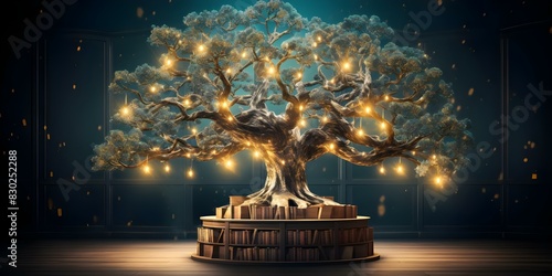 Embrace World Philosophy Day with a mystical knowledge tree in a library. Concept World Philosophy Day, Mystical Knowledge Tree, Library, Wisdom, Embrace photo