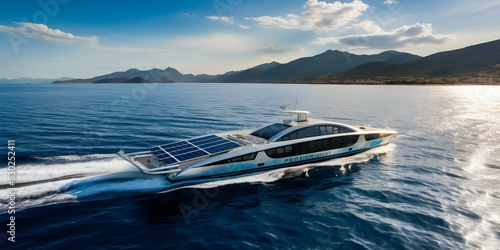 Solar-Powered Catamaran for Eco-Friendly Marine Transportation. Concept Solar Energy, Marine Transport, Eco-Friendly Technology, Catamaran Design, Sustainable Innovation photo