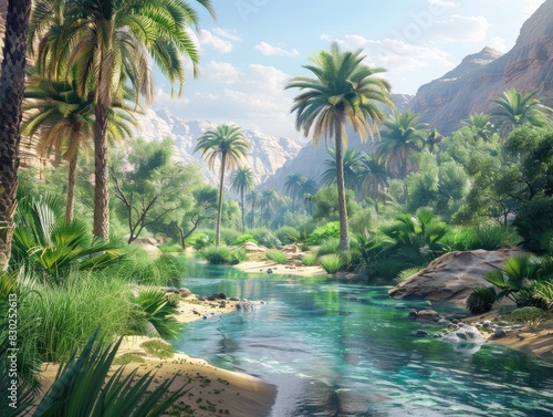 A tranquil oasis hidden in a remote desert valley  with lush vegetation and a pristine lagoon surrounded by towering palm trees. The oasis is a sanctuary of life 