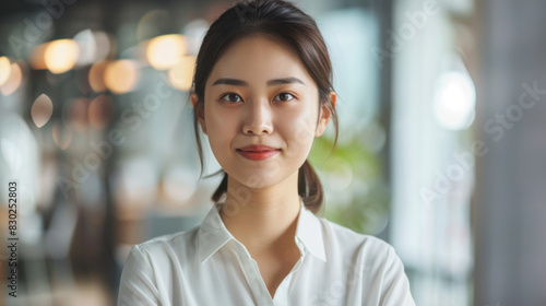 Confident young asian businesswoman portrait. Headshot of a young Asian businesswoman in a modern office, exuding professionalism and success.