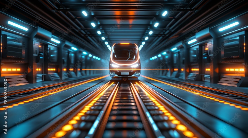 Fototapeta premium A train passing through a tunnel adorned with numerous yellow and blue lights is a white and black train boasting yellow side lights