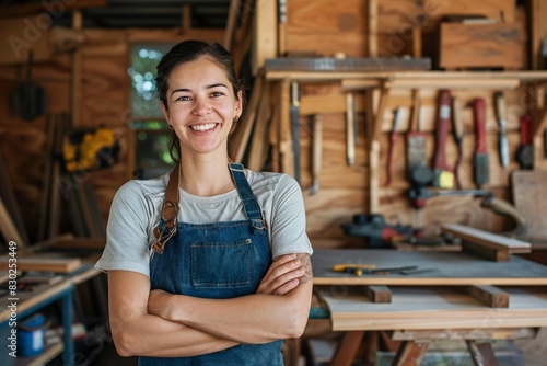 Smiling young woman standing in her framing workshop photo