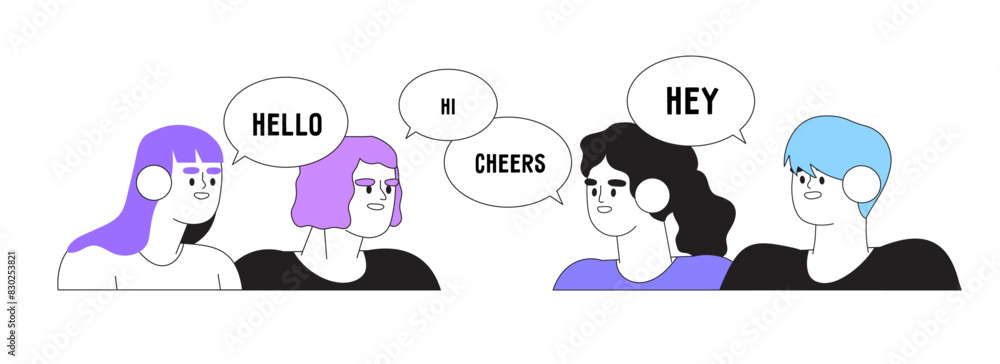 Multilingual greeting flat vector illustration concept. Friendly cartoon men and women saying hello in different languages. Native speakers of diverse cultures having international communication.