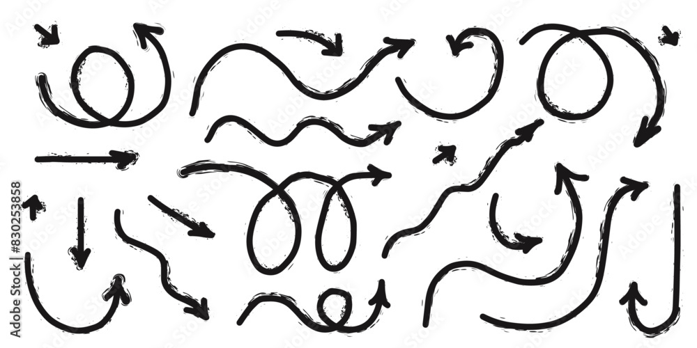 Naklejka premium Charcoal playful arrows vector set. Hand drawn freehand different curved lines, swirls arrows. Doodle marker drawing, black chalk smears. Textured direction pointers. Scribbles and scrawls.