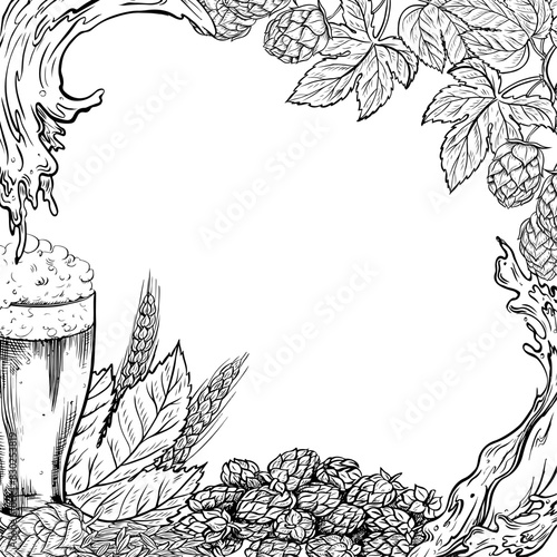 A frame with an image of a mug of beer, grain malt, hops. Ingredients for brewing. An illustration with black and white vector graphic. For label design, packaging, beer production poster, oktoberfest
