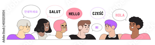 Multilingual greeting flat vector illustration concept. Friendly cartoon men and women saying hello in different languages. Native speakers of diverse cultures having international communication.