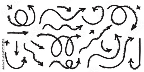 Charcoal playful arrows vector set. Hand drawn freehand different curved lines, swirls arrows. Doodle marker drawing, black chalk smears. Textured direction pointers. Scribbles and scrawls.