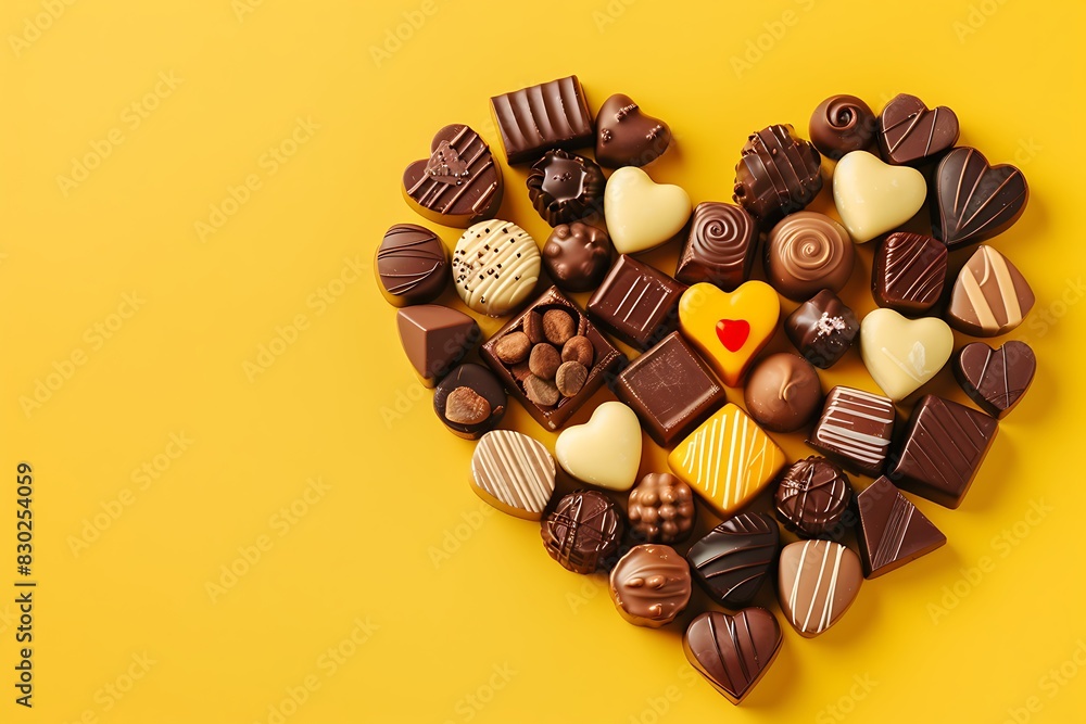 heart made of various chocolates on yellow background, confectionery concept, sweet lover wallpaper, present for woman valentine birthday wedding day, world chocolate day, top view, flat lay heart made of various chocolates on yellow background, confectionery concept, sweet lover wallpaper, present for woman valentine birthday wedding day, world chocolate day, top view, flat lay